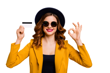 Close up photo beautiful she her lady hands arms credit plastic card show okey symbol advising vacation traveler buyer sale discount wear specs formal-wear suit isolated yellow bright background