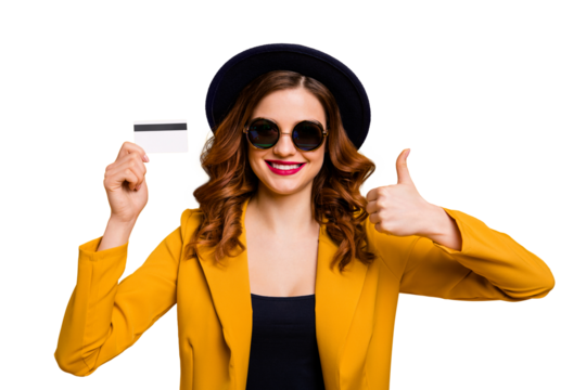 Close up photo beautiful she her lady hands arms credit plastic card thumb up symbol advising buyer vacation traveler sale discount wear specs formal-wear suit isolated yellow bright background