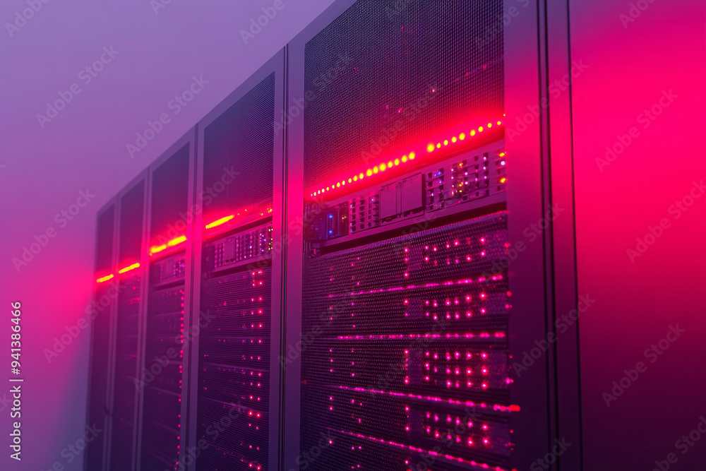 Poster a sleek server rack with blinking lights, isolated on a soft pastel gray background, symbolizing the