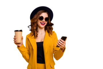 Close up photo beautiful funky she her lady hands arms telephone vacation traveler hot beverage paper container laugh laughter reader wear specs formal-wear suit isolated yellow bright background