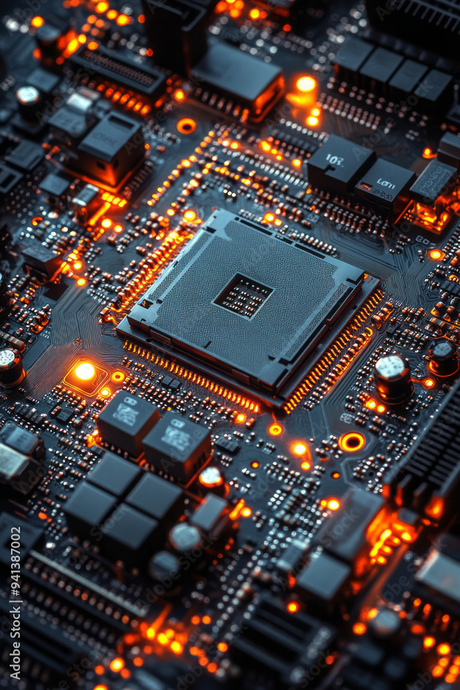 Fototapete A server motherboard with visible circuitry, isolated on a pastel green background, symbolizing the processing power behind data management,