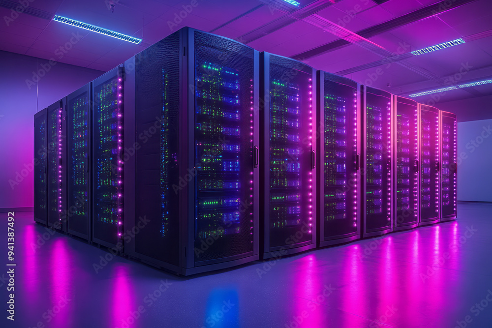 Leinwandbilder a row of server racks in a data center, isolated on a pastel lavender background, symbolizing the sc