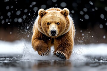 Fototapeta premium A bear walking through a snowstorm, with the wind howling and snowflakes swirling around, evoking a sense of endurance and survival
