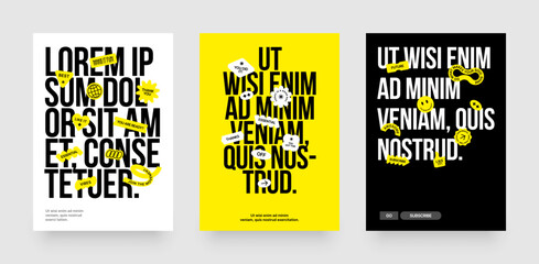 Layout template with geometric shapes and y2k patches, labels, tags, stickers for flyer, poster, cover, brochure or banner. 