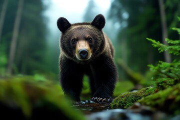 Obraz premium A bear wandering through a foggy forest in the early morning, with mist hanging low and the forest feeling mysterious and ancient