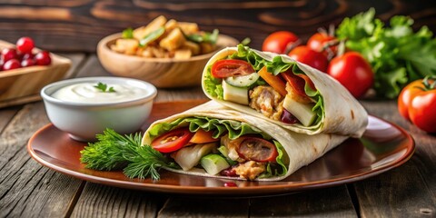 Delicious chicken shawarma wrap with vegetables and garlic sauce on a plate in a cafe setting , Shawarma, chicken