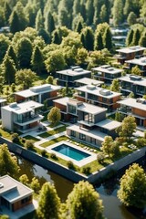 Fototapeta premium City Model with Low-Rise Houses and Trees: Tilted Photograph Showcasing a Conceptual Modern Home Built in a Forest by a Lake