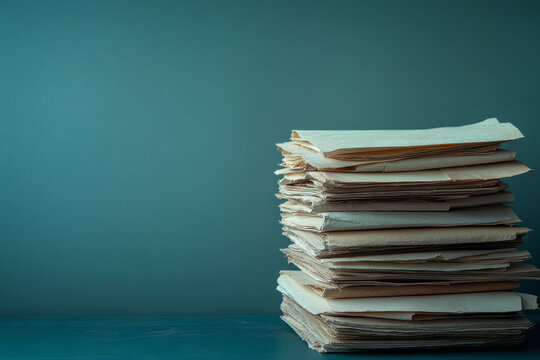 A pile of unsent diplomatic letters, isolated on a pastel gray background, symbolizing the breakdown of international relations,