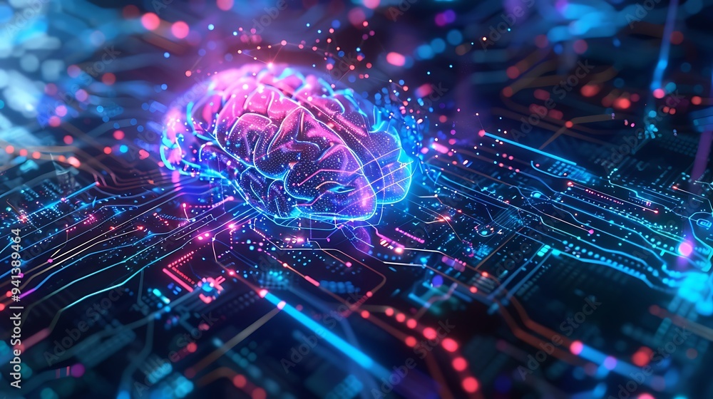 Poster Futuristic Brainwave Connectivity Circuit with Glowing Neural Pathways and Digital Elements