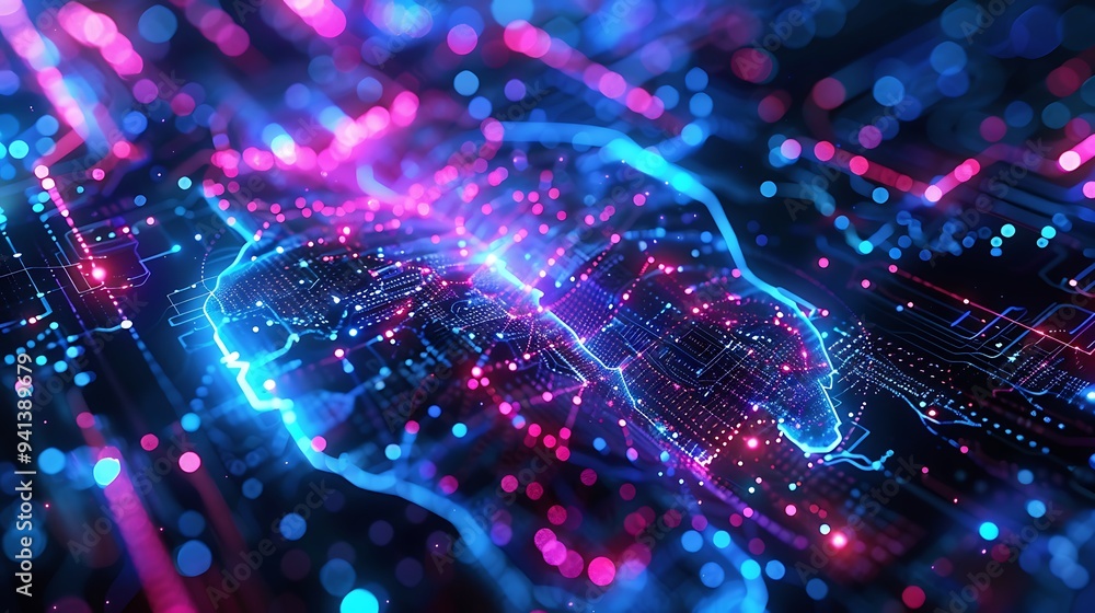 Poster Futuristic Brainwave Connectivity Circuit with Glowing Neural Pathways and Digital Elements
