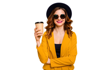 Close up photo beautiful dreamy she her lady vacation hot beverage takeout paper container hand arm white perfect teeth red pomade wear specs formal-wear suit isolated yellow bright background