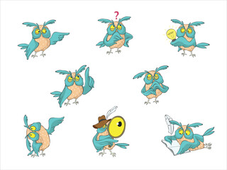 Obraz premium Cute Owl Funny Cartoon, different positions and expressions. Isolated Vector Set. Editable colors.