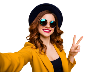 Close up photo beautiful funny funky she her toothy lady make take selfies show v-sign symbol vacation red pomade lips lipstick wear hat sun specs formal-wear suit isolated yellow bright background