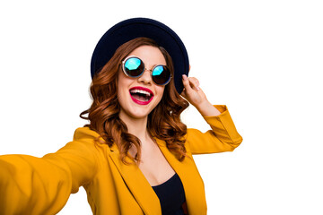 Close up photo beautiful dreamy funky she her lady make take selfies vacation white perfect teeth...