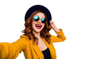 Close up photo beautiful dreamy funky she her lady make take selfies vacation white perfect teeth red pomade lips lipstick wear hat sun specs formal-wear suit isolated yellow bright background