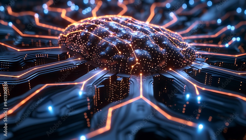 Poster Closeup of Brainwave Connectivity Interface with Glowing Synapses and Digital Circuitry