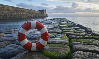 Naklejka premium A red and white life preserver sits on a stone pier with a distant stone fortress in the background, a beautiful blue sky, and blue ocean, with a cloudy sky.