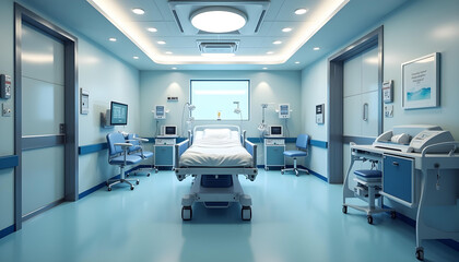 Empty Hospital Room with Bed, Medical Equipment and Blue Walls