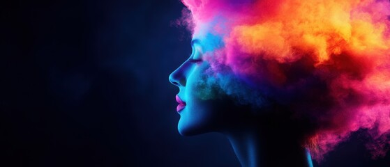 A vibrant silhouette of a woman with colorful hair illuminated by soft neon lights, creating an ethereal and artistic ambiance.