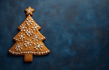 A beautifully crafted gingerbread Christmas tree sits on a dark blue background, adorned with white icing decorations.