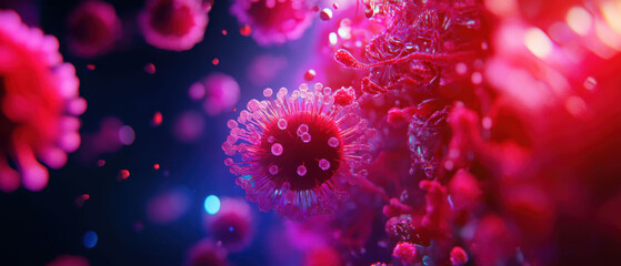 Close-up view of a viral structure illuminated in vibrant colors, showcasing its intricate design and microscopic details.