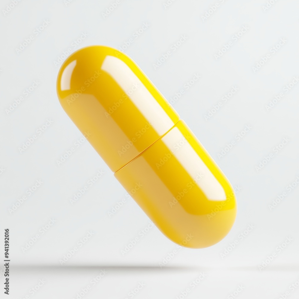 Poster a 3d simple style icon of a bright yellow vitamin c tablet with a smooth texture and subtle highligh