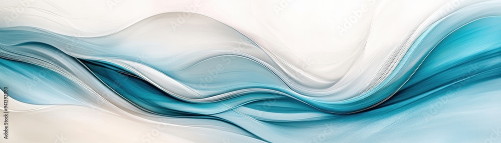Poster a calming abstract background featuring smooth, flowing waves in soft blue and white tones, ideal fo