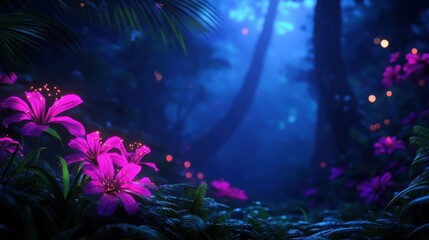 Enchanting night scene with vibrant pink flowers and mystical forest ambiance under soft blue light.