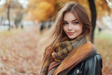 A Woman in a Plaid Scarf and Leather Jacket Smiles in an Autumn Forest