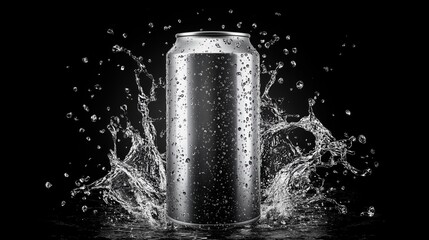 Dynamic black and white image of an energy drink can with dramatic water splashes, isolated on a dark background. Perfect mockup for showcasing product designs or promotional content, highlighting ene
