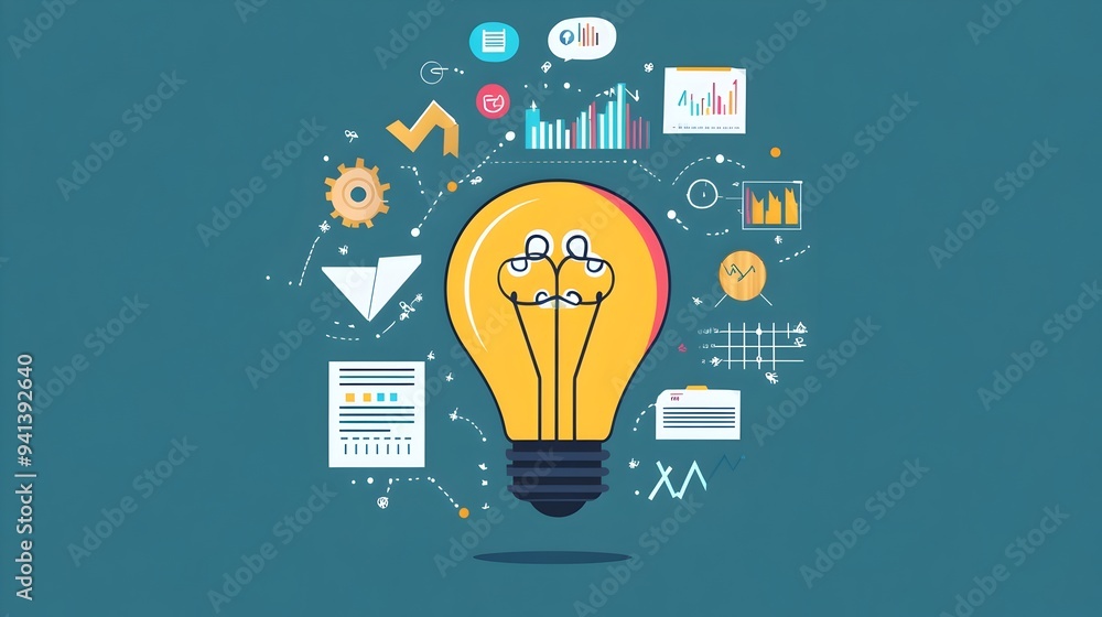 Aufkleber light bulb surrounded by data and graphs,driving insightful growth in flat design