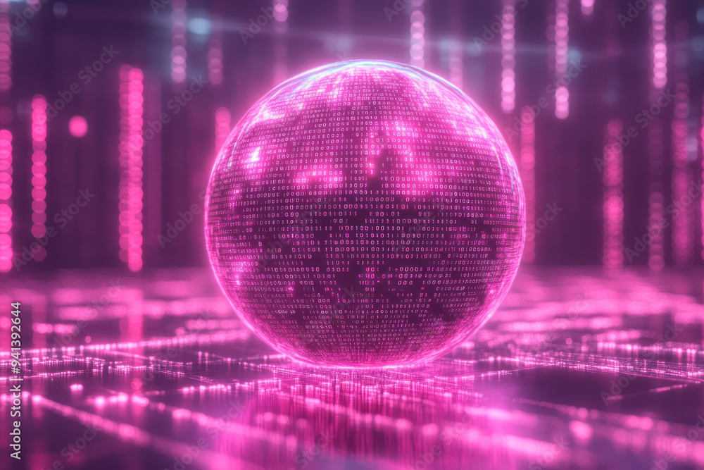Poster a digital globe surrounded by binary code, isolated on a pastel lavender background, capturing the e