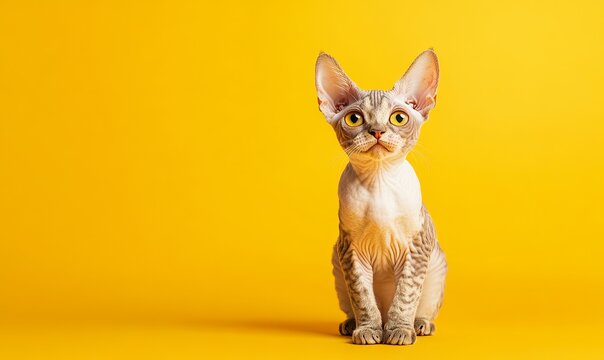 A hairless cat sits on a yellow background, looking up.