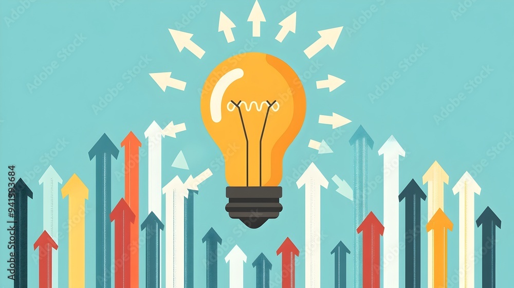 Aufkleber upward arrows around illuminating light bulb symbolizing idea-driven growth and progress