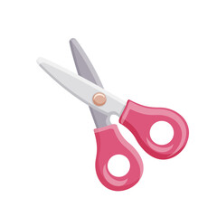 Cartoon illustration of pink-handled scissors on a white background. Concept of school supplies or crafting tools. Vector illustration
