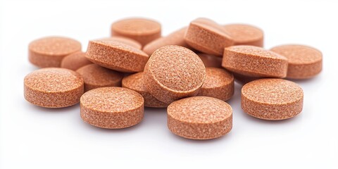 Close-up of brown round pills on a white background.
