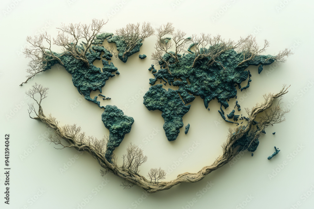 Poster a tree with branches extending across a world map, isolated on a pastel cream background, representi