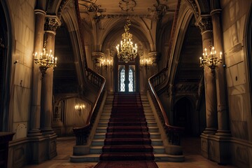 A grand staircase in an elegant, dimly lit mansion with ornate chandeliers.