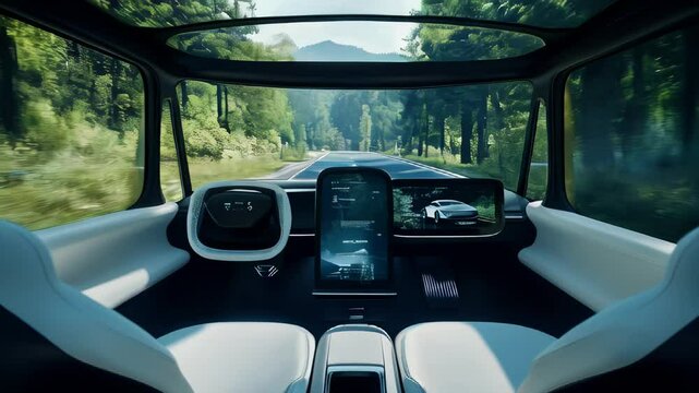 Experience the future of travel with 4K footage showcasing an autonomous vehicle's sleek interior gliding through a tree-lined road, with no driver at the wheel