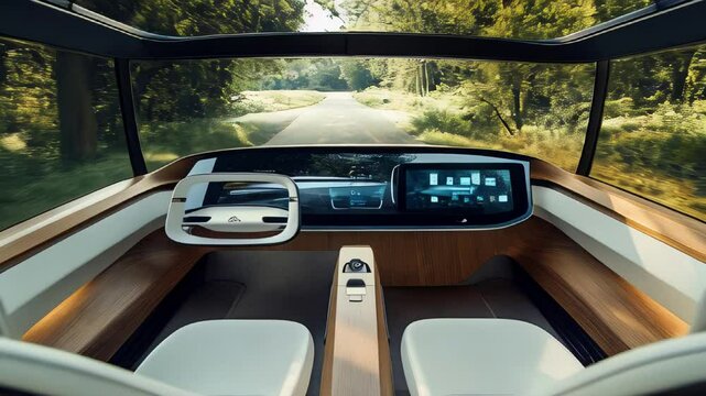 Experience the future of travel with 4K footage showcasing an autonomous vehicle's sleek interior gliding through a tree-lined road, with no driver at the wheel