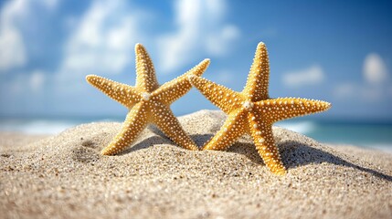 Two starfish lie on a sandy beach with a blue sky and white clouds in the background.