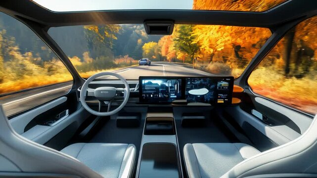 Experience the future of travel with 4K footage showcasing an autonomous vehicle's sleek interior gliding through a tree-lined road, with no driver at the wheel