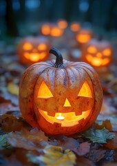 Cozy Halloween setting with glowing jack-o'-lanterns, warm autumn leaves, and soft candlelight, evoking a feeling of comfort and festivity