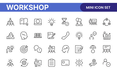 Set of Workshop and Coaching line icons. Outline icon collection related to training, coaching, mentoring, education, meetings, conferences, and teamwork.