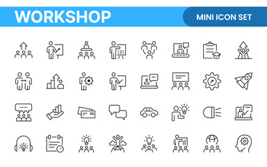 Set of Workshop and Coaching line icons. Outline icon collection related to training, coaching, mentoring, education, meetings, conferences, and teamwork.