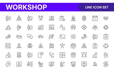 Set of Workshop and Coaching line icons. Outline icon collection related to training, coaching, mentoring, education, meetings, conferences, and teamwork.