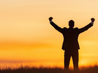 A businessman celebrates success against a beautiful sunset, symbolizing achievement and personal growth.