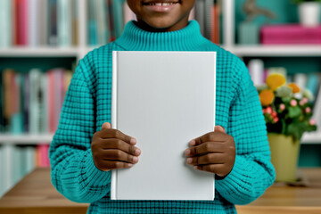 An African American child in a teal sweater is holding a blank book in front of their chest with both hands. The background shows a blurred bookshelf. Mockup design empty space.