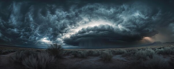 Naklejka premium Dramatic storm clouds swirl over a barren landscape, evoking a sense of impending weather and raw natural beauty.