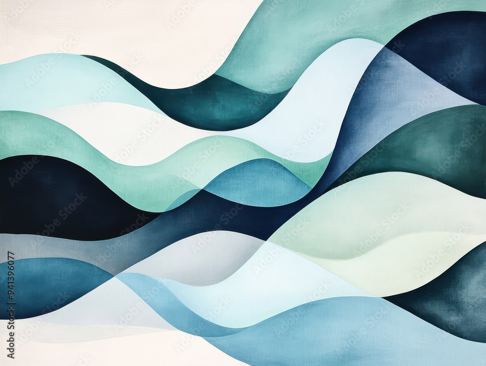 Poster abstract flowing waves in tranquil blues and greens, creating a serene and modern artistic backgroun